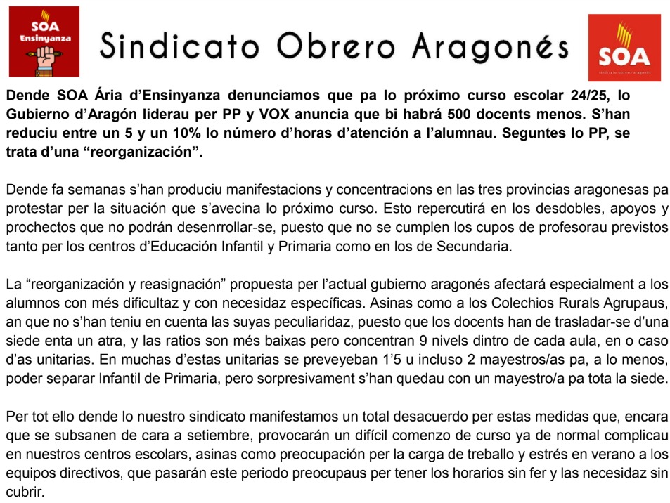 SOA Ária d’Ensinyanza denuncia que pa lo próximo curso escolar 24/25, lo Gubierno d’Aragón anuncia que bi habrá 500 docents menos